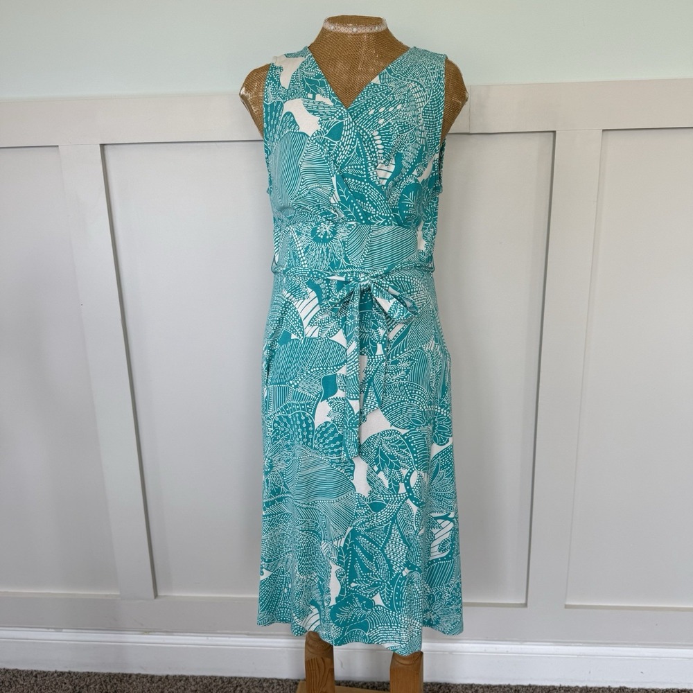 Talbots Sleeveless Midi Dress LARGE Teal White Stretchy Tropical Floral Tie Belt
